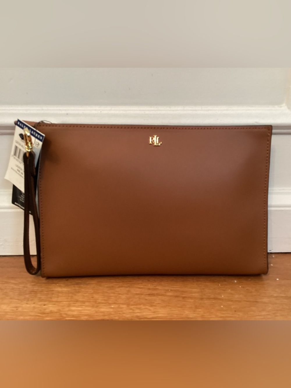 Ralph Lauren Chestnut Brown Leather Laptop Sleeve with Gold RL Logo
